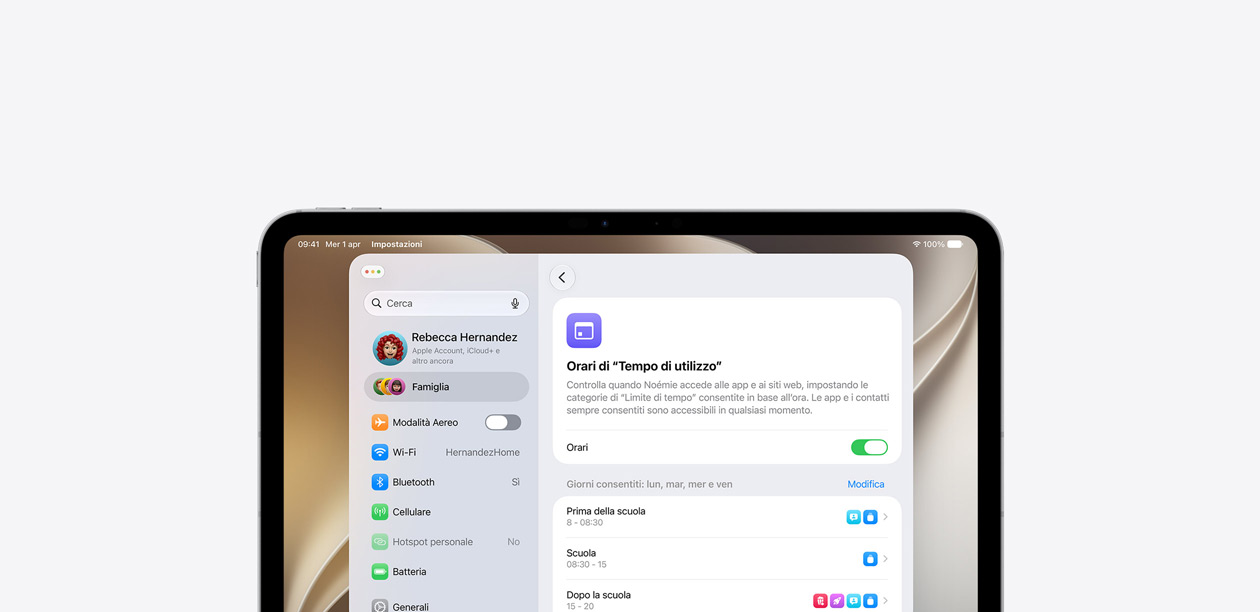 iPad con la funzione Orari di “Tempo di utilizzo” e una timeline orizzontale che indica quali categorie di app e siti web sono autorizzate prima, durante e dopo la scuola