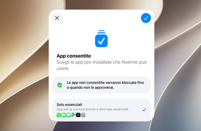 Schermata di Impostazione Assistita in cui si mostra come genitori e tutori possano esaminare e approvare le app di un account per bambini.
