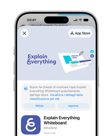iPhone con la pagina di presentazione dell’app Explain Everything Whiteboard nell’App Store, e un messaggio che invita l’utente a rifiutare o approvare l’accesso per un account per bambini.