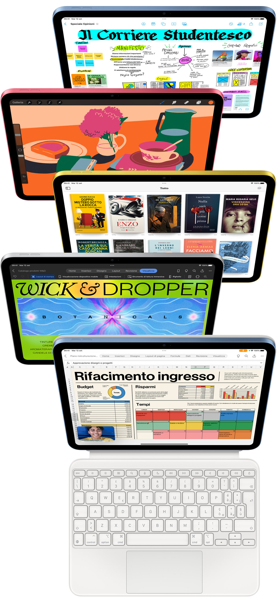 Schermate di iPad che mostrano varie app di Apple e dell’App Store