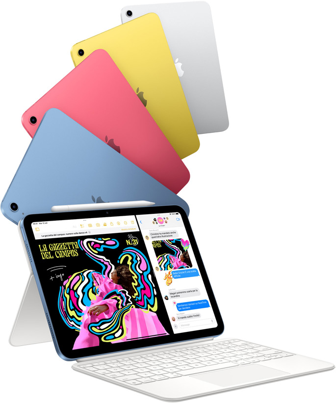 iPad nei colori blu, rosa, giallo e argento, e un iPad collegato alla Magic Keyboard Folio.