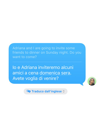 Live Translation in Messages feature in use showing translation from English to Italian