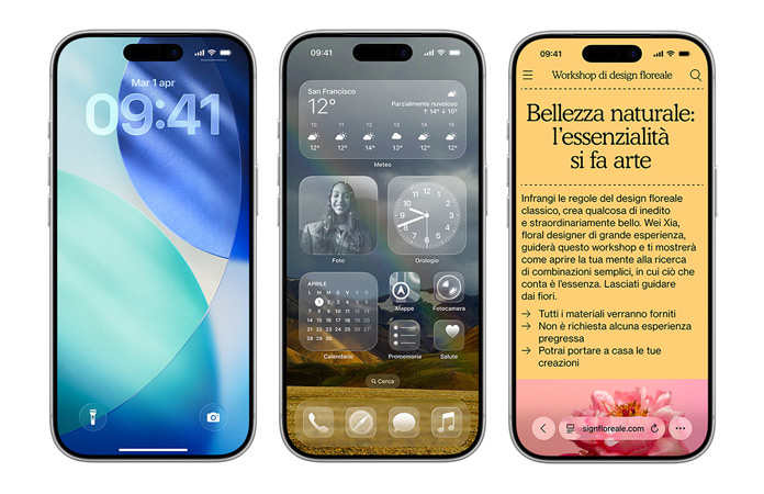 Dispositivi iPhone uno accanto all’altro, che mostrano vari nuovi elementi di design su iOS, come la schermata di blocco con i numeri dell’ora semitrasparenti in Liquid Glass e una schermata iniziale con icone delle app trasparenti in Liquid Glass