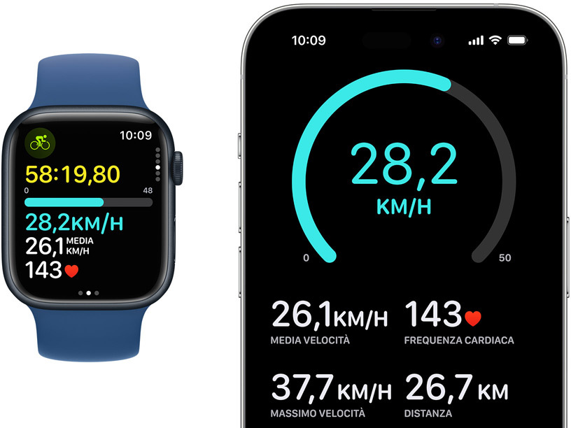 Un Apple Watch e un iPhone che mostrano i parametri in tempo reale di un allenamento in bici