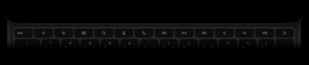 Magic Keyboard、上から見た外観、横向き、カラーはブラック、14のファンクションキー列