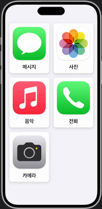 간소화된 레이아웃으로 변경한 iPhone 홈 화면의 모습.  ‘음악’, ‘통화’, ‘메시지’, ‘사진’, ‘카메라’ 앱이 표시되어 있습니다.