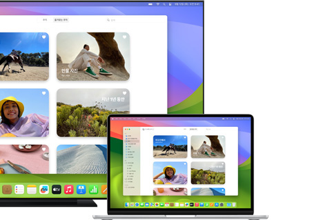 Mac에서 Apple AirPlay를 이용해 평면 TV로 사진을 공유하는 모습