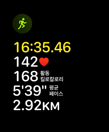 달리기 운동 카드에 달리기 아이콘과 시간, 심박수, 직전 페이스, 평균 페이스, 거리 수치가 표시된 모습