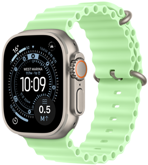 오리엔티어링 시계 페이스에 날씨, 주차 위치, 위성, 수면까지의 거리 컴플리케이션이 표시되고 오른쪽 옆면 외관에 Digital Crown, 마이크, 측면 버튼이 보이는 내추럴 색상 티타늄 케이스의 Apple Watch Ultra 3, 그리고 네온 그린 색상 오션 밴드