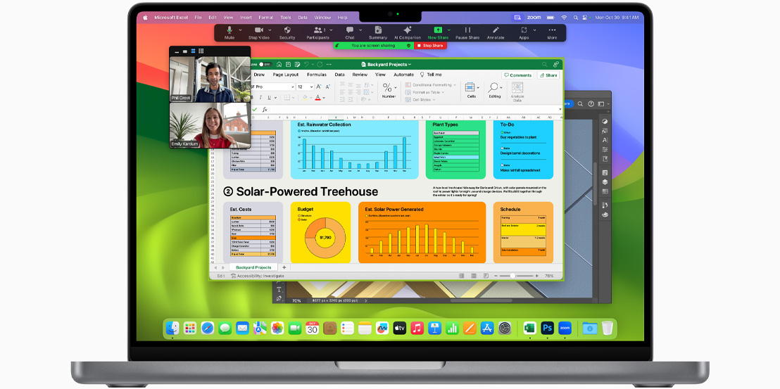 MacBook Pro 화면에 Facetime, Microsoft Excel, Adobe Photoshop이 열려 있는 모습.