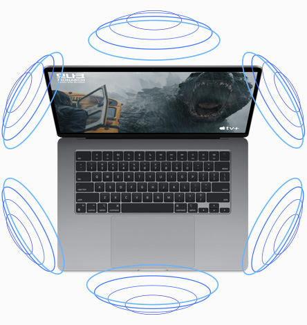 영화가 재생되는 동안 공간 음향이 작동하는 모습을 묘사하는 일러스트레이션이 주위에 그려진 MacBook Air를 위에서 내려다본 모습