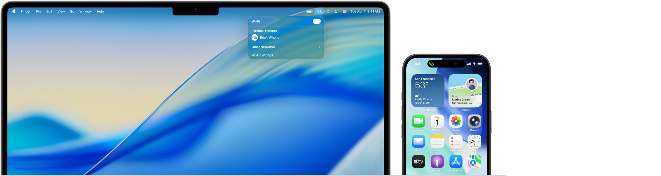 MacBook Pro 14의 메뉴 막대에 제어 센터가 열려있고, 개인용 핫스팟 연결 상태에 ‘에릭의 iPhone’이라고 표시되어 있으며, iPhone 16은 화면 왼쪽 상단에 개인용 핫스팟 표시기가 표시된 모습