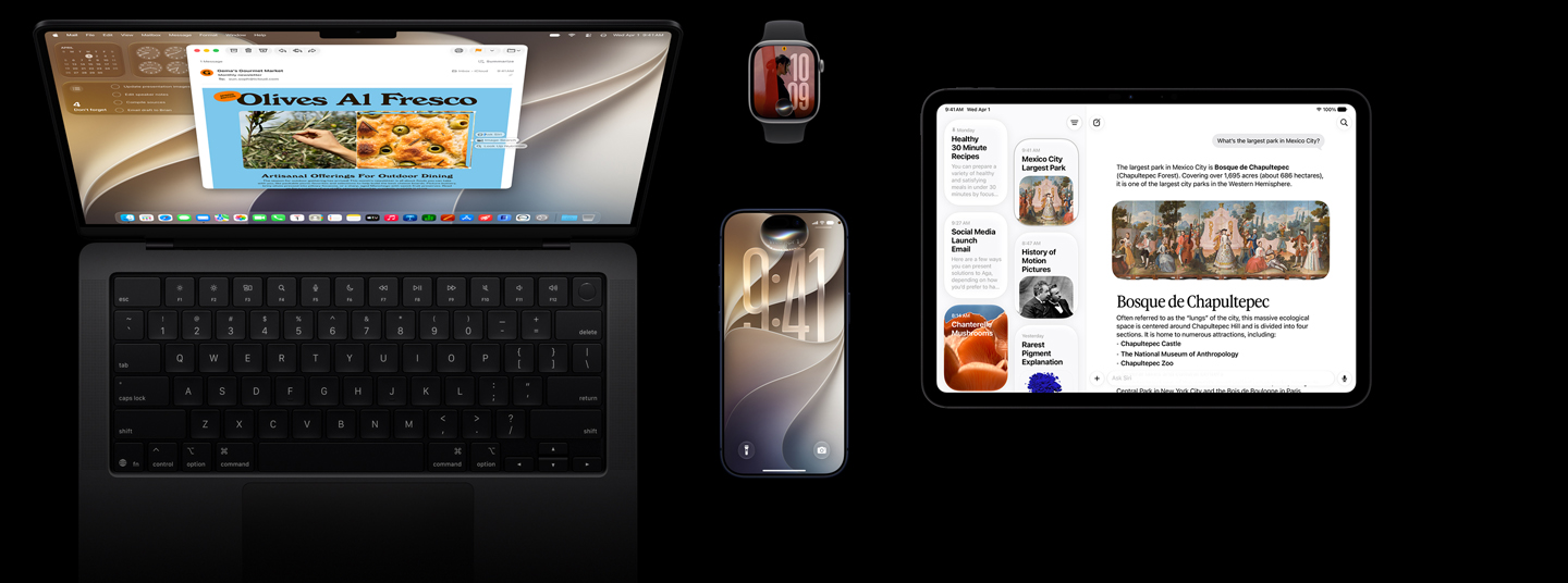 Siri AI en dispositivos iOS, cinco productos, iPhone 17 Pro azul profundo, Apple Watch Series 11 con caja de 42 mm gris espacial, MacBook Pro de 14 pulgadas negro espacial y iPad Pro de 11 pulgadas negro espacial.