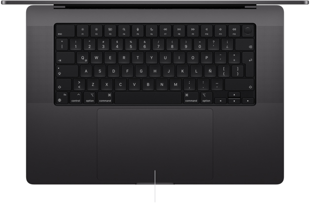 Vista desde arriba de una MacBook Pro de 16 pulgadas que muestra el trackpad Force Touch debajo del teclado