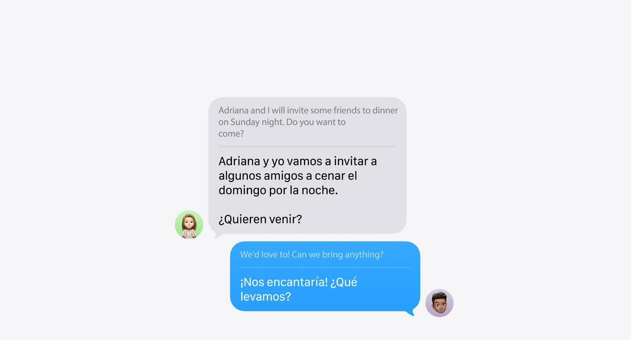 Traducción en Vivo en Mensajes muestra un ejemplo de traducción automática entre español e inglés