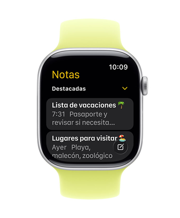 Apple Watch Series 11 en cuya pantalla se ve la app Notas con dos notas destacadas