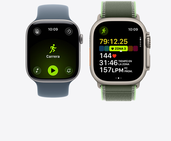 Apple Watch Series 11, caja de aluminio, gris espacial, entrenamiento Carrera al Aire Libre abierto con controles de reproducción de Apple Music, Apple Watch Ultra 3, caja de titanio, natural, entrenamiento Carrera abierto, frecuencia cardiaca en la Zona 3