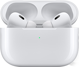 AirPods Pro in charging case next to iPhone, iPhone is connected to two sets of AirPods, each with individual volume control.