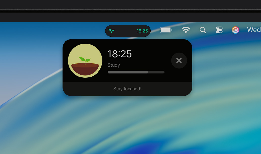 Top of Mac device screen showing the menu bar with an expanded Live Activity for Forest app