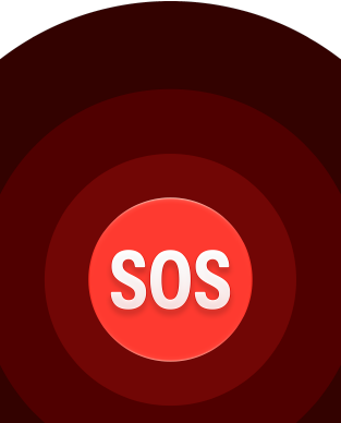 SOS signalo piktograma, vienas ant kito sudėti raudoni apskritimai su baltu SOS žodžiu viduryje
