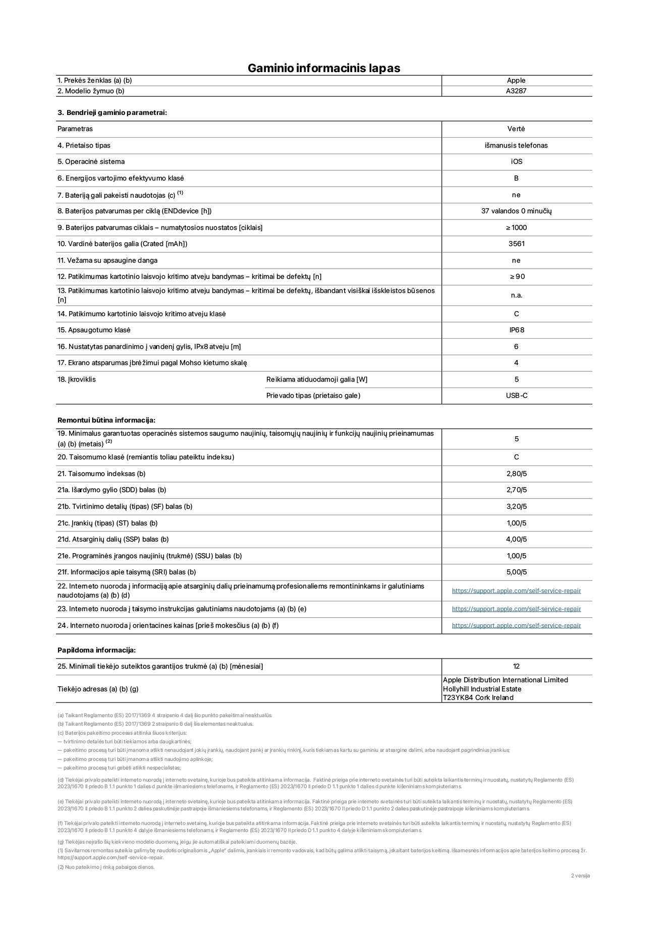 Gaminio informacinis lapas, „iPhone 16“, modelis A3287. Pateikė „Apple Distribution International Limited“, „Hollyhill Industrial Estate“. Korkas, Airija T23 YK84. Prietaiso tipas: išmanusis telefonas. Operacinė sistema: „iOS“. Energijos vartojimo efektyvumo klasė: B. Bateriją gali pakeisti naudotojas: ne. Baterijos patvarumas per ciklą: 37 valandos. Baterijos patvarumas ciklais&nbsp;– numatytosios nuostatos: ≥&nbsp;1&nbsp;000. Vardinė baterijos galia: 3&nbsp;561&nbsp;mAh. Vežama su apsaugine danga: ne. Patikimumo testas kartotinio laisvojo kritimo atveju&nbsp;– kritimai be defektų: ≥ 90. Patikimumo testas kartotinio laisvojo kritimo atveju&nbsp;– kritimai be defektų, išbandant visiškai išskleistos būsenos: netaikoma. Patikimumo kartotinio laisvojo kritimo atveju klasė: C. Apsaugotumo klasė: IP68. Nustatytas panardinimo į vandenį gylis, IPx8 atveju: 6. Ekrano atsparumas įbrėžimui pagal Mohso kietumo skalę: 4. Įkroviklio reikiama atiduodamoji galia: 5 W. Įkroviklio prievado tipas (prietaiso gale): USB-C. Minimalus garantuotas operacinės sistemos saugumo naujinių, taisomųjų naujinių ir funkcijų naujinių prieinamumas: 5&nbsp;metai. Taisomumo klasė: C. Taisomumo indeksas: 2,80/5. Išardymo gylio (SDD) balas: 2,70/5. Tvirtinimo detalių balas: 3,20/5. Įrankių balas: 1,00/5. Atsarginių dalių balas: 4,00/5. Programinės įrangos naujinių balas: 1,00/5. Informacijos apie taisymą balas: 5,00/5. Interneto nuoroda į informaciją apie atsarginių dalių prieinamumą profesionaliems remontininkams ir galutiniams naudotojams: https://support.apple.com/self-service-repair. Interneto nuoroda į taisymo instrukcijas galutiniams naudotojams: https://support.apple.com/self-service-repair. Nuoroda į orientacines kainas prieš mokesčius: https://support.apple.com/self-service-repair. Siūloma 12 mėnesių bendroji garantija.