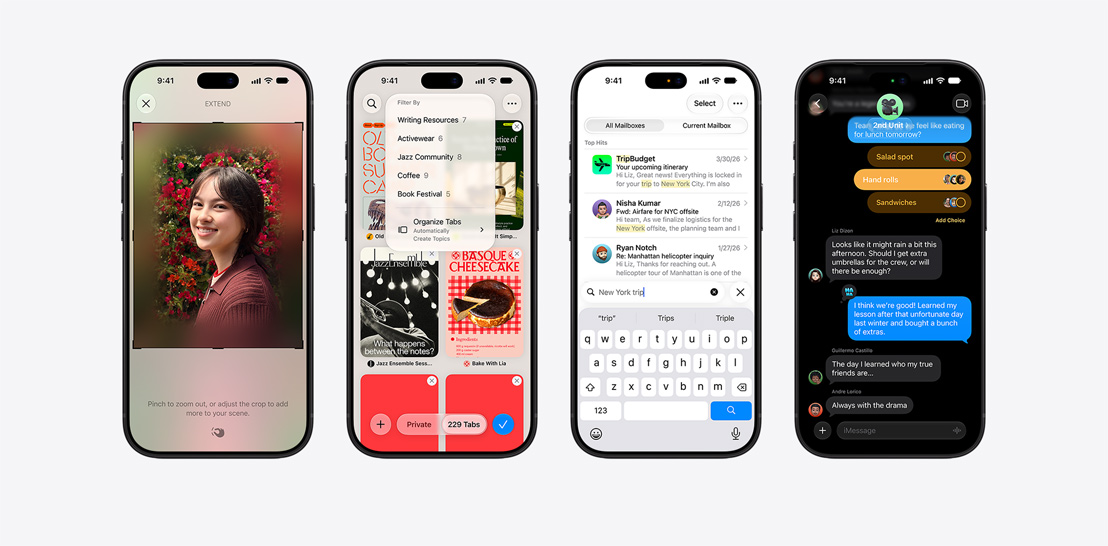 Įvairių modelių „iPhone 17“ ir „17 Pro“ įrenginiai su skirtingais ekranais, kuriuose demonstruojamos „iOS 26“ ir „Apple Intelligence“ funkcijos