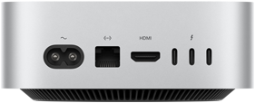 „Mac mini“ iš galo: maitinimo lizdas, eterneto prievadas, HDMI prievadas ir trys „Thunderbolt“ prievadai.