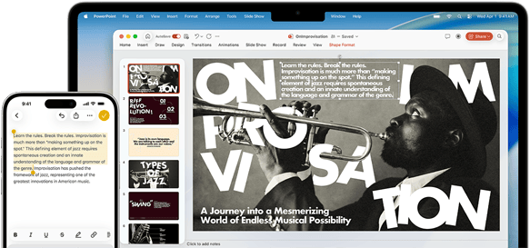 „iPhone 16 Plus“ ekranas, kuriame rodomas programoje „Pastabos“ paryškintas tekstas, „MacBook Air“ su atidaryta „Keynote“ skaidre, tekstas iš programos „Pastabos“ rodomas skaidrėje