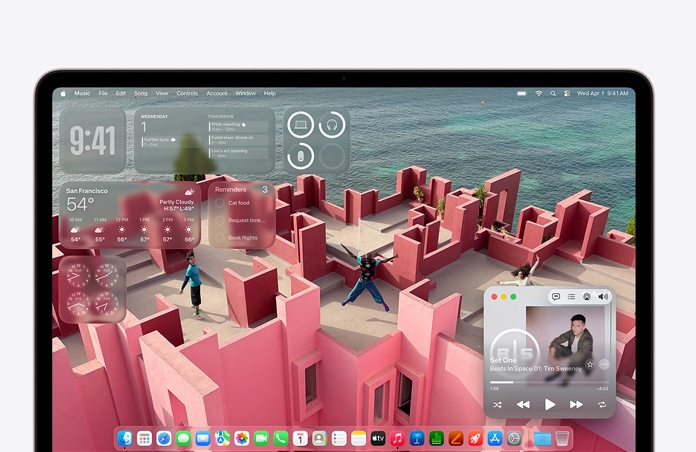 „MacBook Neo“ ekranas su pajūrio stogo terasos vaizdu ir įvairiais valdikliais, pvz., „Muzika“, „Kalendorius“, „Orai“ ir „Priminimai“