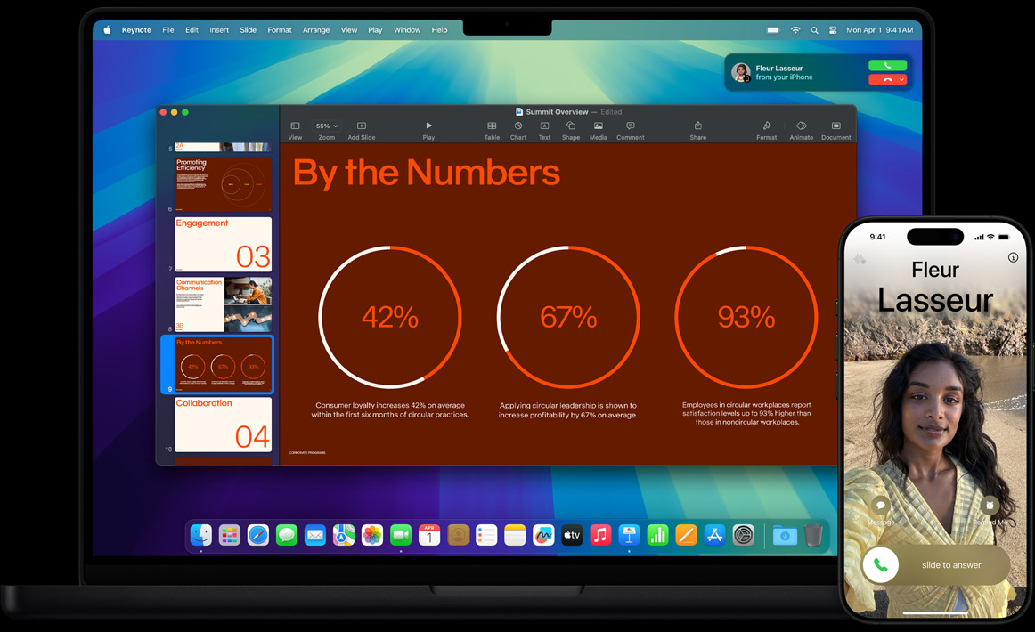 „MacBook Pro“ šalia „iPhone“ – naudotojas „MacBook Pro“ ekrane gauna pranešimą apie įeinantį telefono skambutį