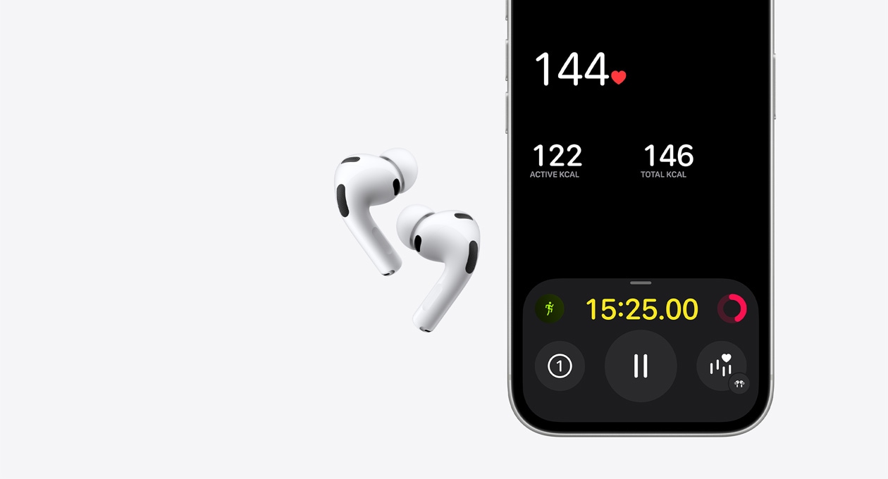 AirPods Pro 3, balta krāsa, iPhone 17 Pro ekrāna apakšdaļa, Fitness aplikācija, pulsa noteikšanas funkcija