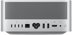 Mac Studio, aizmugure, perforēts alumīnija ventilators, četri Thunderbolt 5 porti, viens Ethernet ports, viena barošanas ligzda, divi USB-A porti, viens HDMI ports, viena austiņu ligzda un ieslēgšanas/izslēgšanas poga