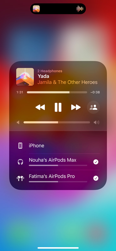 Image shows Audio Sharing card on-screen.