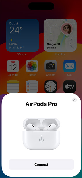 MagSafe Charging Case holding AirPods Pro next to iPhone. Small tile on iPhone home screen displays pop-up with connect button that easily pairs AirPods when tapped.