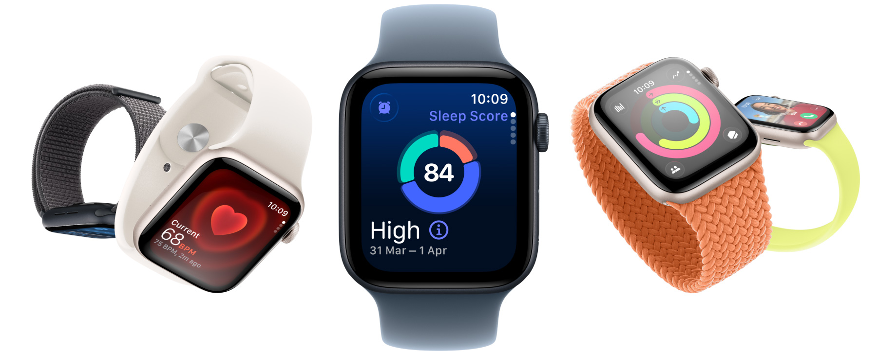 Apple Watch SE 3 devices, aluminum cases, starlight and midnight colors, screens: Vitals app, Heart Rate app, Sleep Score, Activity rings, incoming call