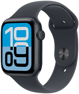 Apple Watch SE 3, aluminum case, midnight color, Flux watch face, right side exterior, Digital Crown, microphone, side button, Midnight Sport Band, silver pin-and-tuck closure