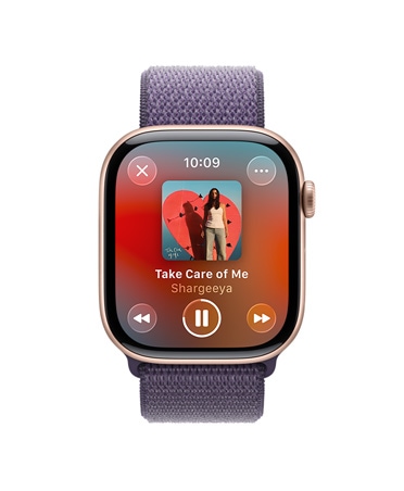 Apple Watch Series 11, rose gold color, aluminum case, Apple Music controls, workout playlist, right side exterior, Digital Crown, band, purple fog Sport Loop
