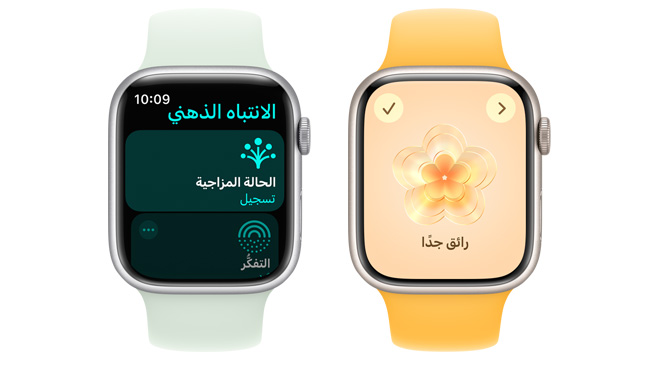 صورة أمامية لساعة Apple Watch تحمل صورة يمكن النقر عليها لتحديد شعورك وتسجيله.