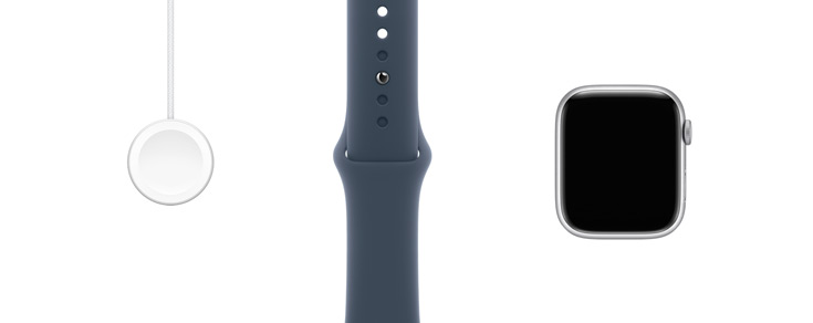 مرصوصة في صف واحد: منظر أمامي لساعة Apple Watch Series 9، وحزام رياضي بلون أزرق عاصف، وكابل الشاحن المغناطيسي السريع إلى ‏USB-C.‏