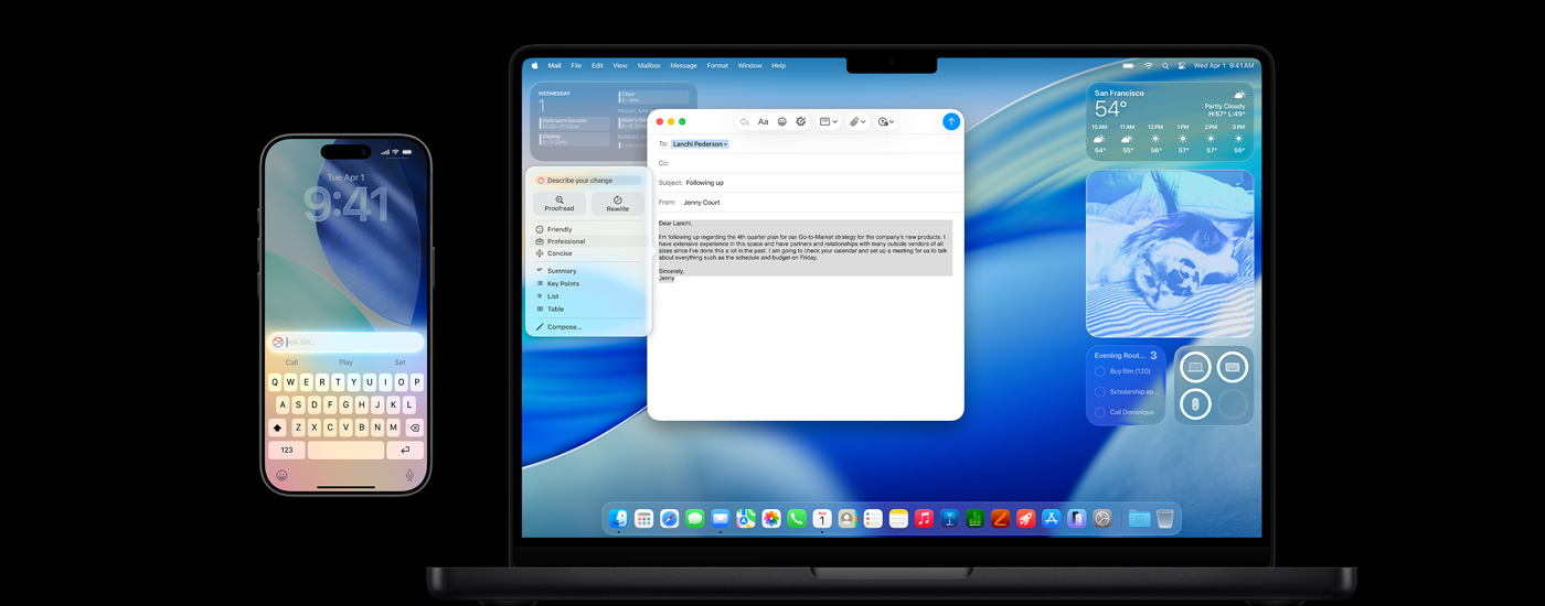 جهاز&nbsp;iPhone وجهاز&nbsp;Mac يعرضان Apple&nbsp;Intelligence، مع&nbsp;شاشة التوقف لنظام&nbsp;macOS&nbsp;Tahoe‏.