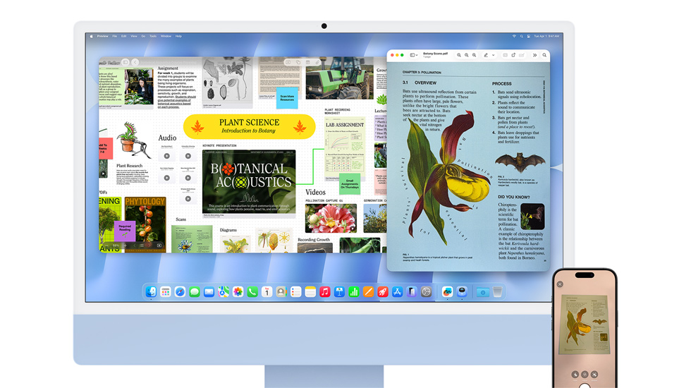 جهاز&nbsp;iMac وجهاز&nbsp;iPhone يعرضان محتوى زاهياً، ويعرض iMac خلفية نظام&nbsp;macOS&nbsp;Tahoe‏.