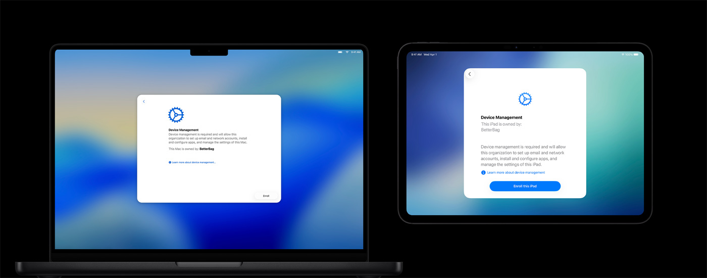 جهازان من&nbsp;Apple جنباً إلى&nbsp;جنب: كمبيوتر&nbsp;Mac يعرض نافذة إدارة الأجهزة، وiPad يعرض شاشة إدارة الأجهزة.