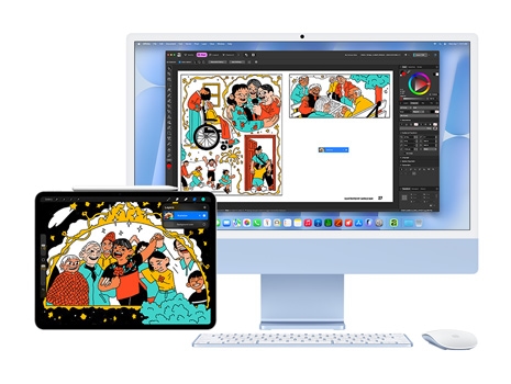 رسم توضيحي نابض بالحياة والمرح يظهر على&nbsp;جهاز&nbsp;iPad وعلى&nbsp سطح مكتب iMac يعمل&nbsp;بنظام macOS&nbsp;Tahoe. يظهر على&nbsp;جهاز iMac الرسم التوضيحي ذاته داخل تطبيق إبداعي.