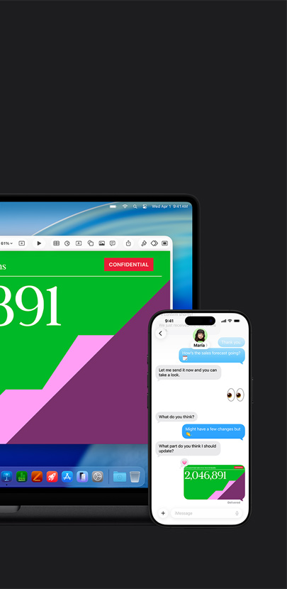 جهاز&nbsp;Mac يُظهر عرضاً تقديمياً وخلفية لنظام&nbsp;macOS&nbsp;Tahoe. يظهر أمام&nbsp;Mac جهاز&nbsp;iPhone يعرض العرض التقديمي ذاته ضمن محادثة&nbsp;نصية.