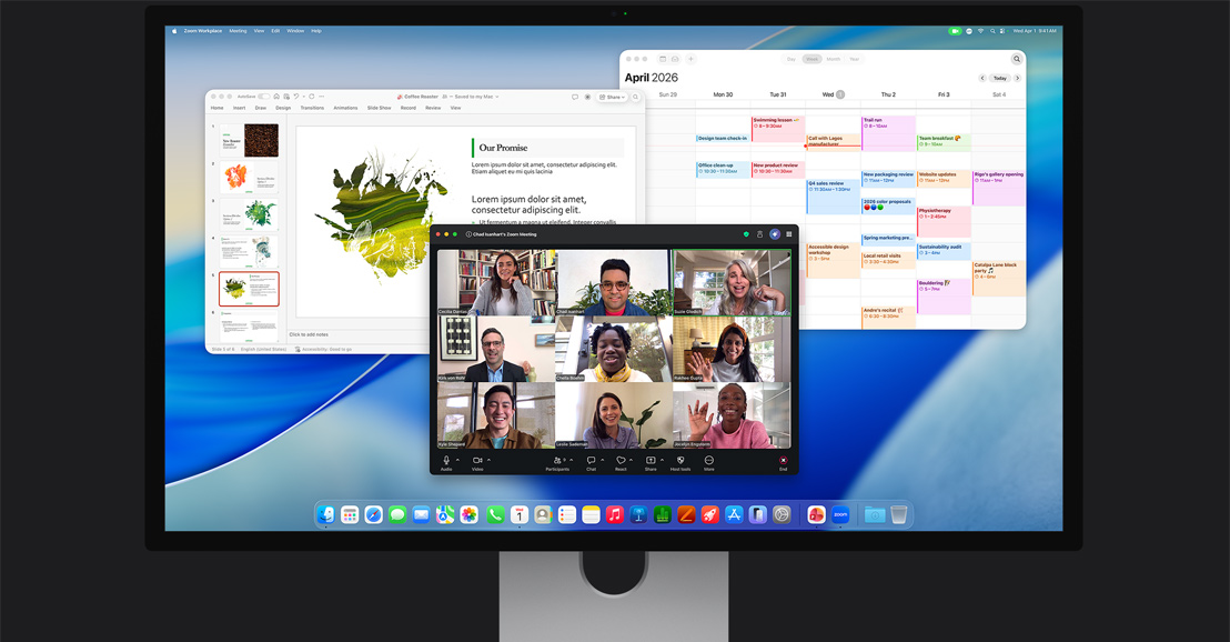 جهاز iMac، شاشة تعرض مكالمة فيديو عبر Zoom تضم مشاركين متعددين، وتقويماً، وعرضاً تقديمياً مفتوحاً في الخلفية