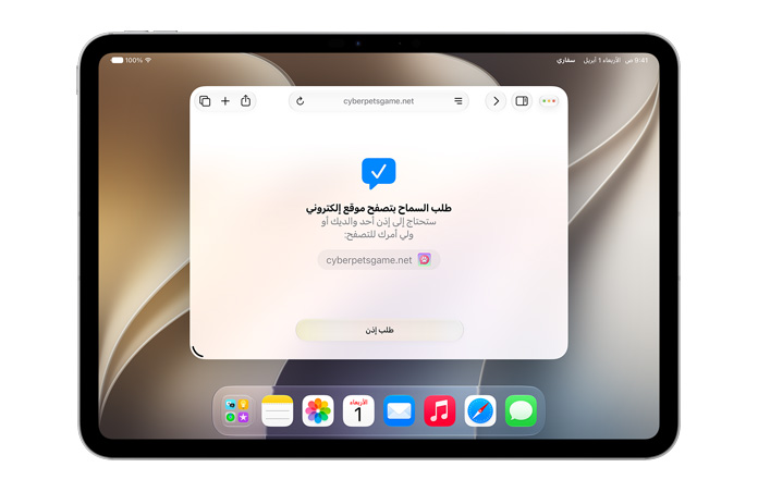 جهاز iPad يعرض واجهة "طلب السماح بالتصفح"، ويعلم المستخدم بضرورة الحصول على إذن للتصفح باستخدام زر "طلب الإذن" أدناه.