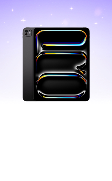 iPad Pro back exterior and front exterior overlapping, portrait orientation, space black color, rounded edges, black display bezel, displays showing multicolored, curved abstract word ‘PRO’ vertically oriented, set against a purple-to-white gradient starry sky.