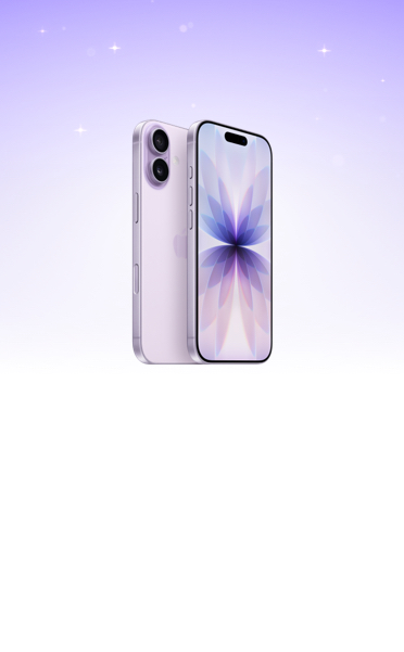 iPhone 17, back and front exterior overlapping, Lavender color, Dual Fusion Camera System at top left of front exterior, Dynamic Island centered at top of front screen display, set against a purple-to-white gradient starry sky.