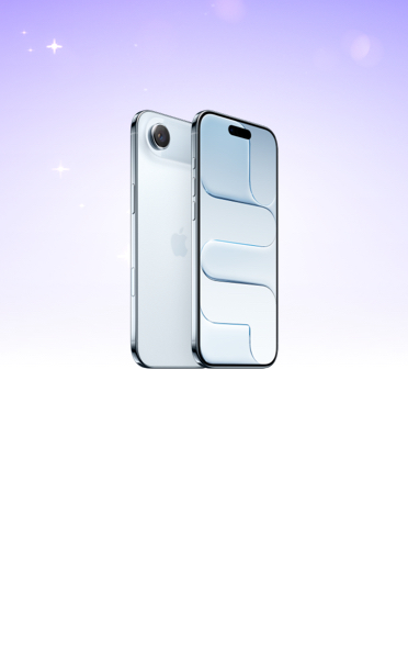 iPhone Air, back and front exterior overlapping, Sky Blue color, Fusion camera in raised plateau of back exterior, Dynamic Island centered at top of front screen display, set against a purple-to-white gradient starry sky.