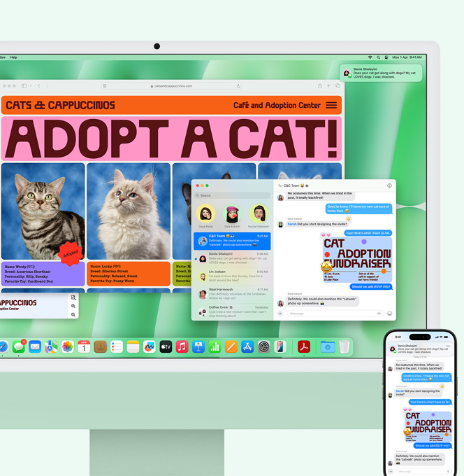 Green iMac and iPhone side by side. iMac screen shows incoming iPhone call notification. Both devices display Messages app with identical text conversations